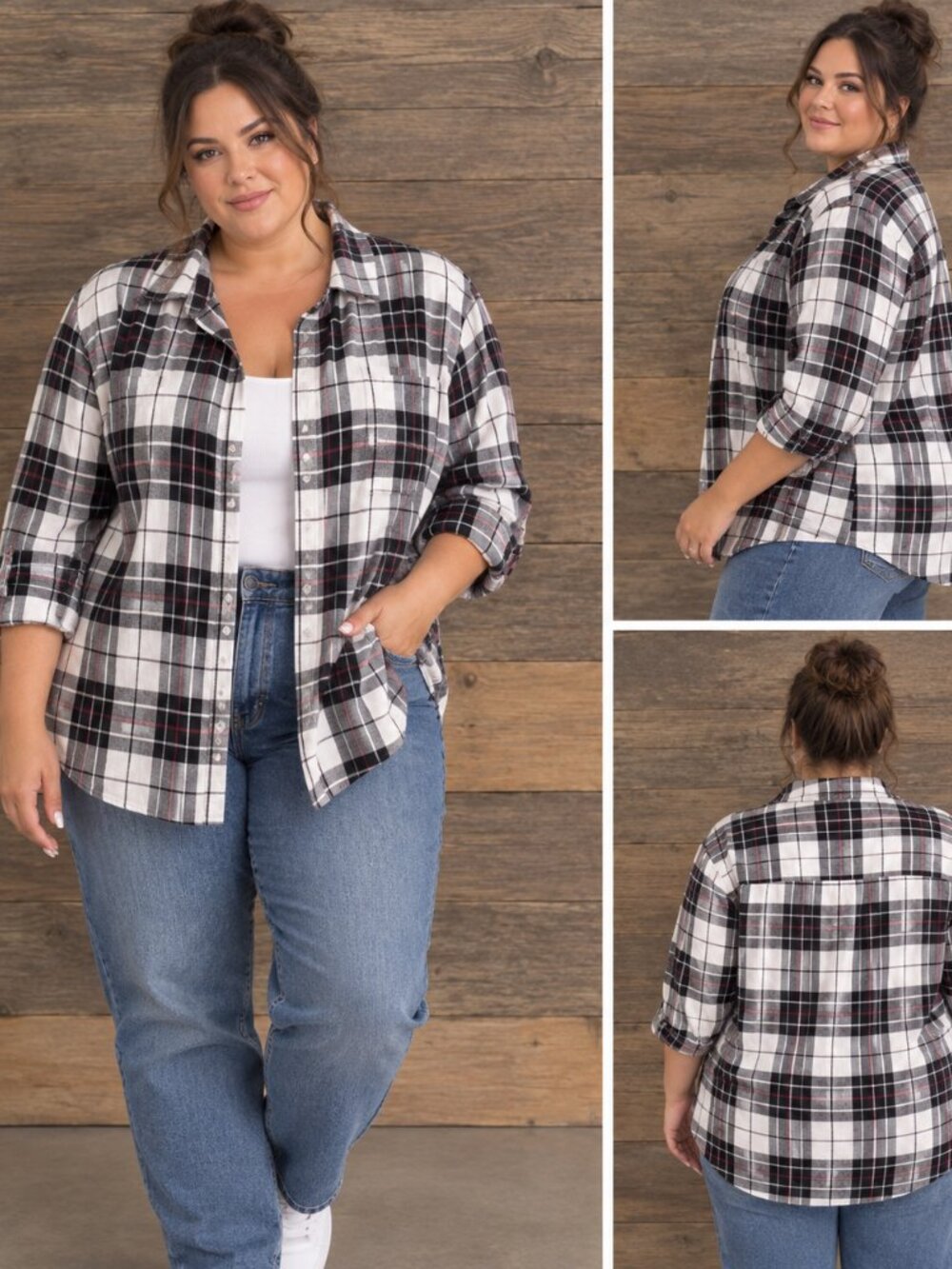 ALIA NWT Plus Size 16W Black/White Plaid Blouse